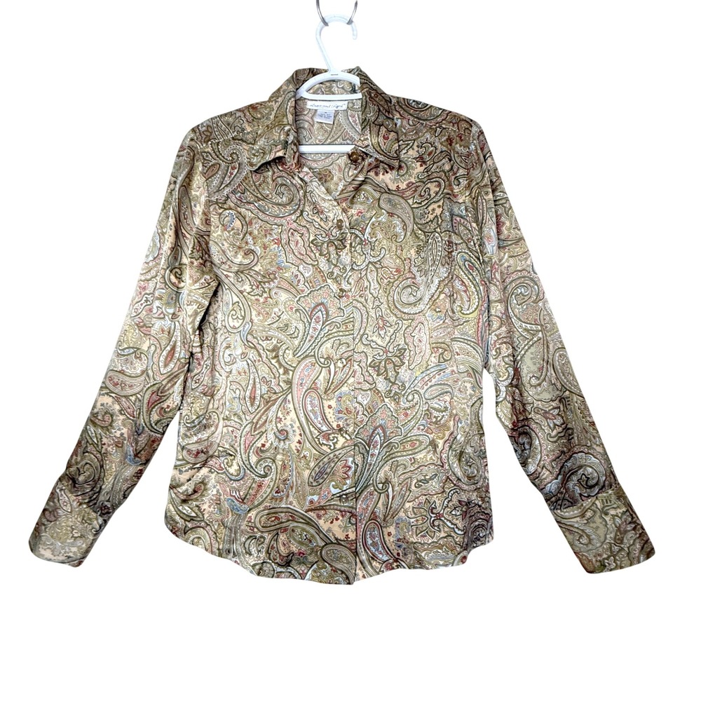 Anna and Frank Silk Paisley Blouse Womens M Gold Olive Button Up Boho Academia